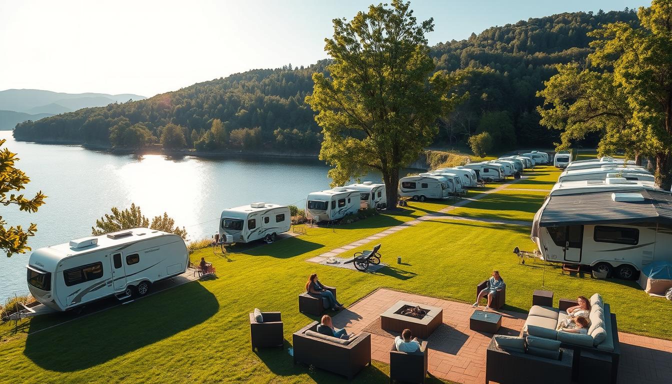 Moderne Campingplatz-Ausstattung am See
